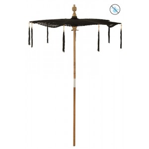 Černý slunečník s dřevěnou tyčí a střapci Lorie Wood - ∅ 140*250 cm