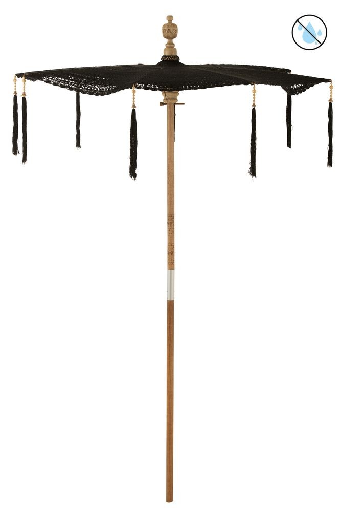 Černý boho slunečník s dřevěnou tyčí a střapci Lorie Wood - ∅ 140*250 cm