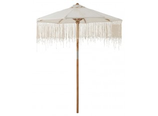 Bílý slunečník s dřevěnou tyčí a třásněmi Macrame - ∅ 200 * 250 cm