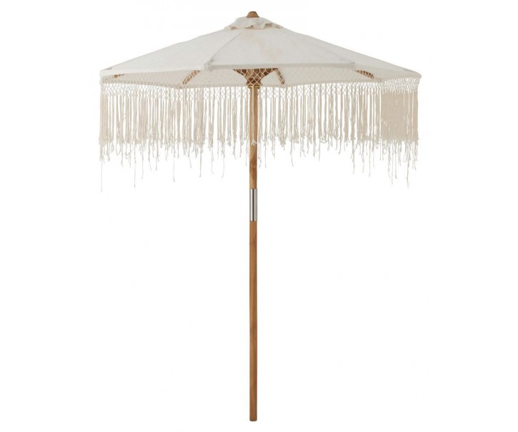 Bílý slunečník s dřevěnou tyčí a třásněmi Macrame - ∅ 200 250 cm J-Line by Jolipa
