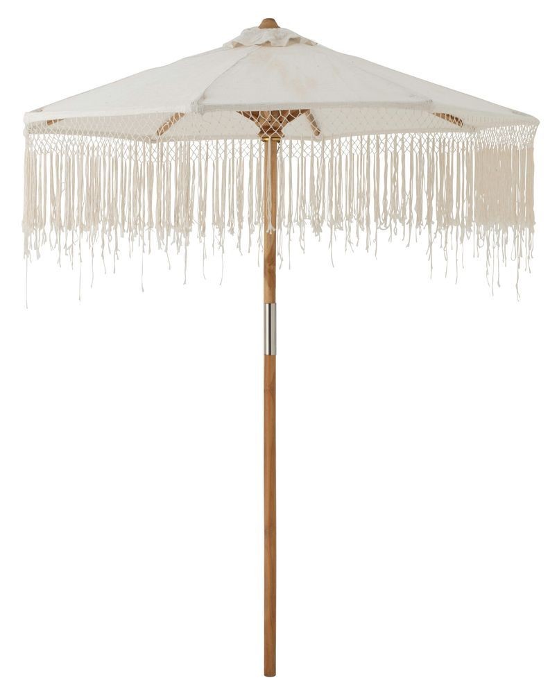 Bílý slunečník s dřevěnou tyčí a třásněmi Macrame - ∅ 200 * 250 cm