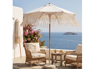 Bílý slunečník s dřevěnou tyčí a třásněmi Macrame - ∅ 200 * 250 cm