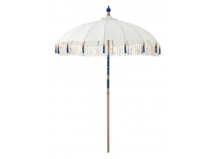 Béžový slunečník s dřevěnou tyčí a třásněmi Flavie Blue - ∅ 180*260 cm