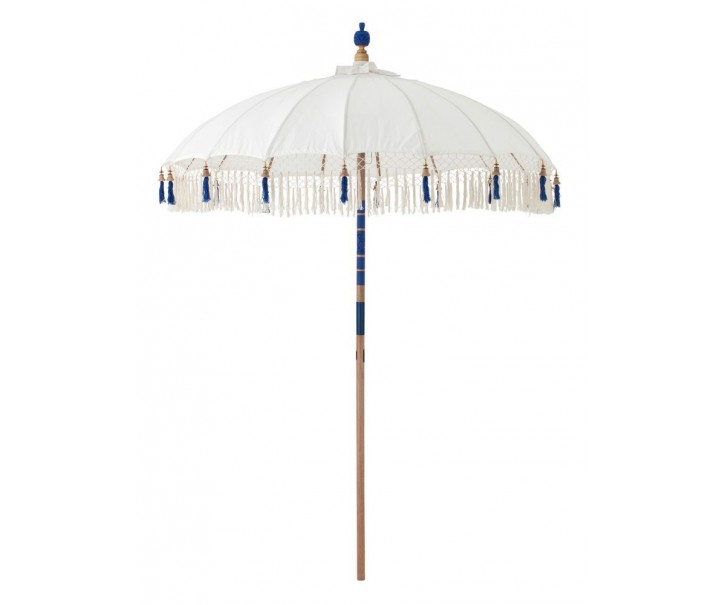 Béžový slunečník s dřevěnou tyčí a třásněmi Flavie Blue - ∅ 180*260 cm J-Line by Jolipa