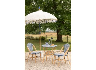 Béžový slunečník s dřevěnou tyčí a třásněmi Flavie Blue - ∅ 180*260 cm