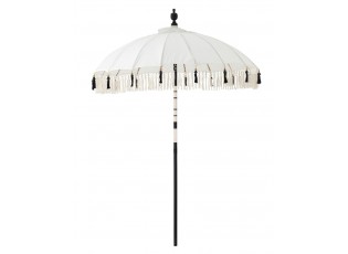 Béžový slunečník s dřevěnou tyčí a třásněmi Flavie Black - ∅ 180*260 cm