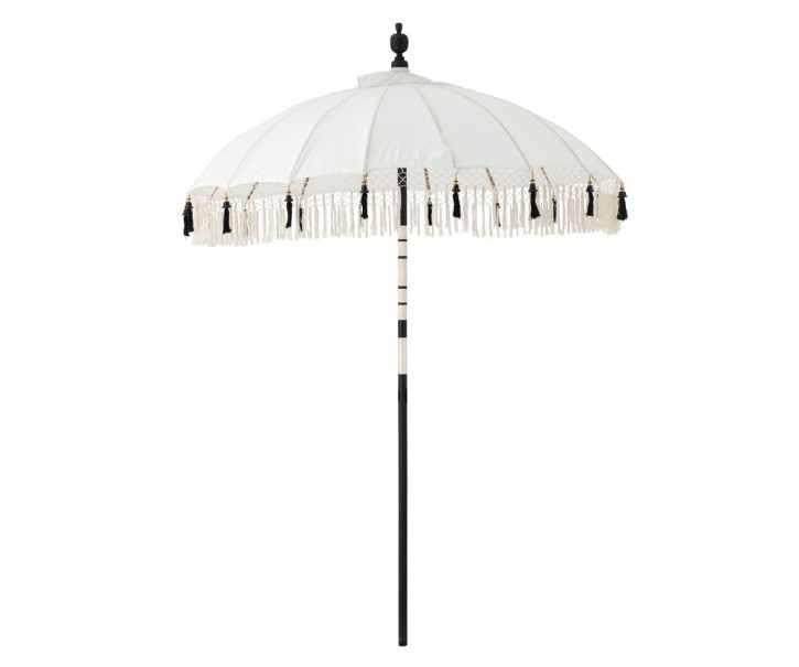 Béžový slunečník s dřevěnou tyčí a třásněmi Flavie Black - ∅ 180*260 cm J-Line by Jolipa