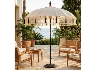 Béžový slunečník s dřevěnou tyčí a třásněmi Flavie Black - ∅ 180*260 cm