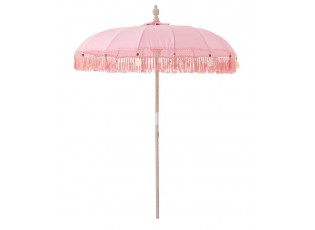 Růžový slunečník s dřevěnou tyčí a třásněmi Bobbi Pink - ∅ 200*260 cm