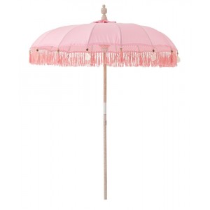 Růžový slunečník s dřevěnou tyčí a třásněmi Bobbi Pink - ∅ 200*260 cm
