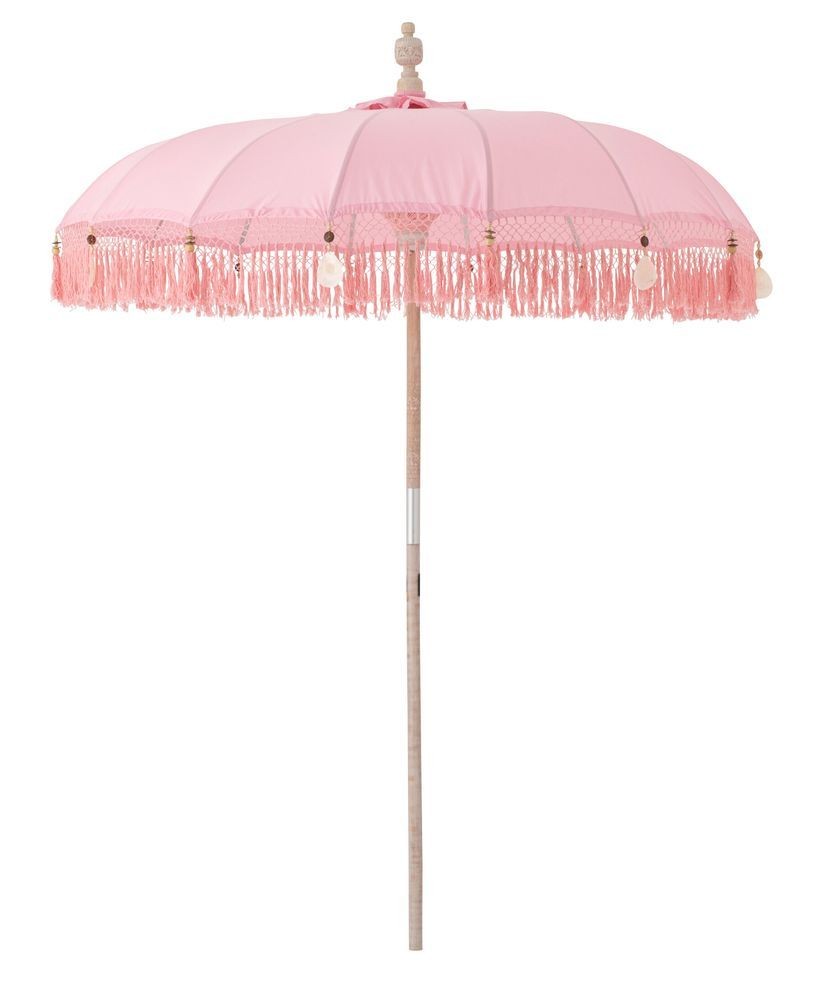 Růžový slunečník s dřevěnou tyčí a třásněmi Bobbi Pink - ∅ 200*260 cm