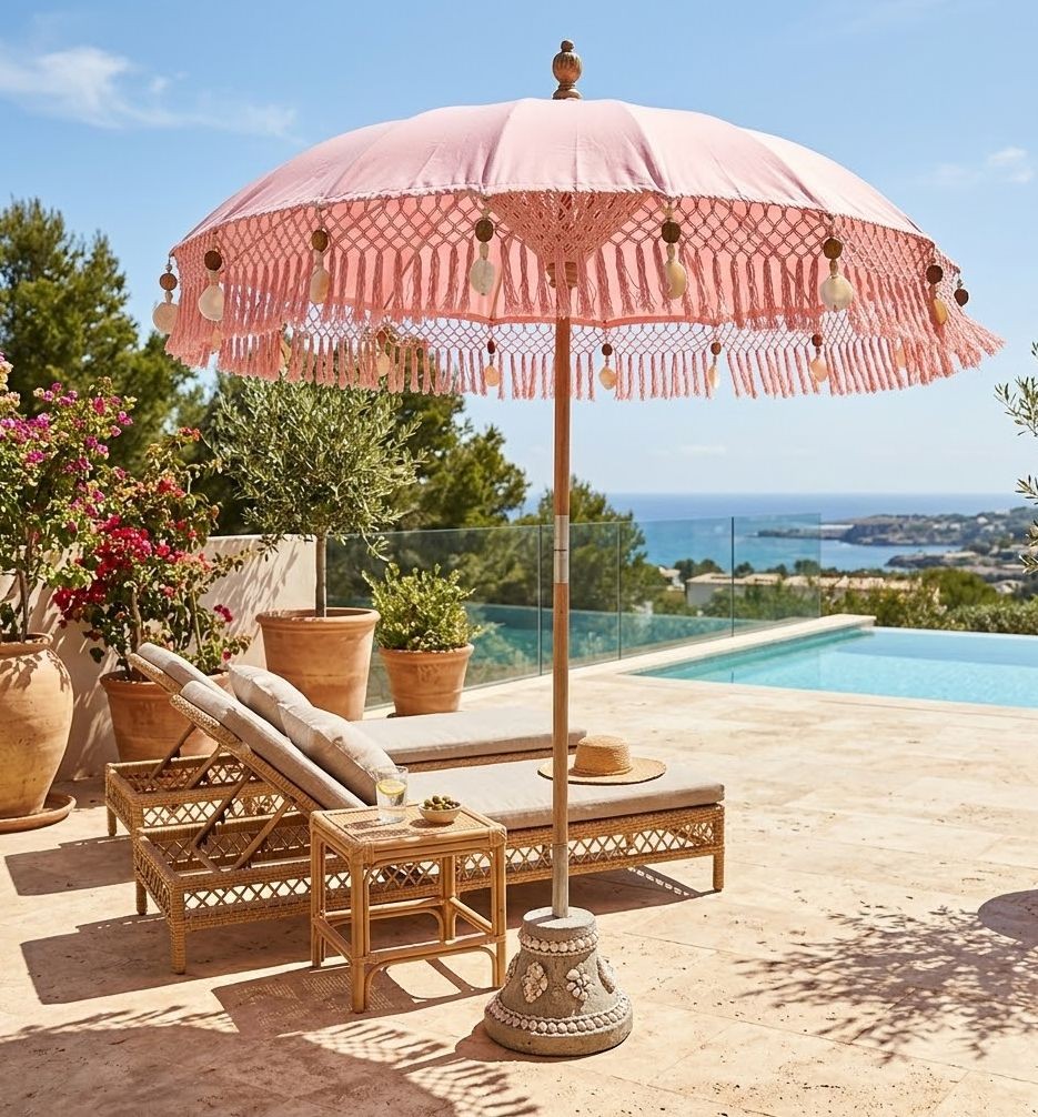 Růžový slunečník s dřevěnou tyčí a třásněmi Bobbi Pink - ∅ 200*260 cm