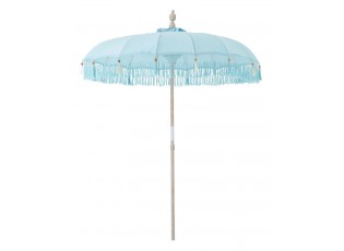 Modrý slunečník s dřevěnou tyčí a třásněmi Bobbi Blue - ∅ 200*260 cm