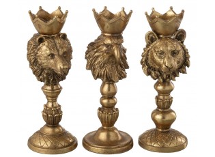 Set 3ks zlatý antik svícen na podstavci lev medvěd a orel s korunou - 10*8*23 cm
