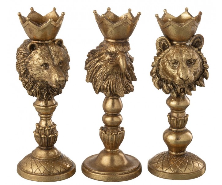 Set 3ks zlatý antik svícen na podstavci lev medvěd a orel s korunou - 10*8*23 cm J-Line by Jolipa