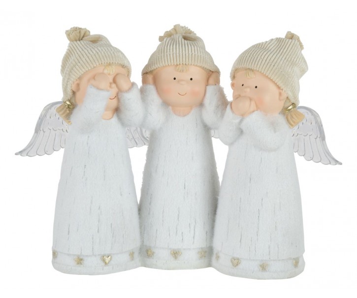 Bílá dekorace andílků nevidím neslyším nemluvím se svítícími křídly LED - 28*10*22 cm J-Line by Jolipa