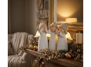 Bílá dekorace andílků nevidím neslyším nemluvím se svítícími křídly LED - 28*10*22 cm