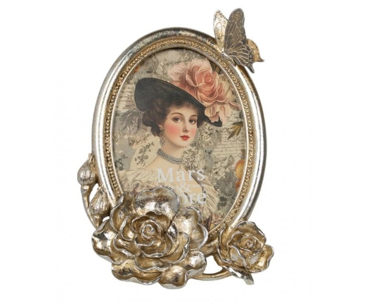 Stříbrný antik fotorámeček s květy a motýlem - 14*4*20cm / 10*15 cm Mars & More 