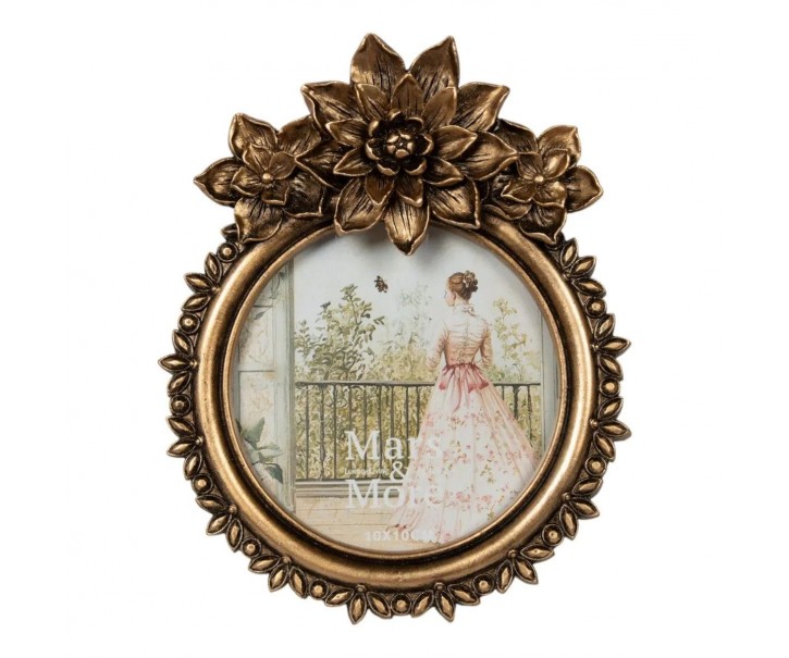 Bronzový antik kulatý fotorámeček s květy Chateau - 14*3*17 cm / Ø 10 cm Mars & More 