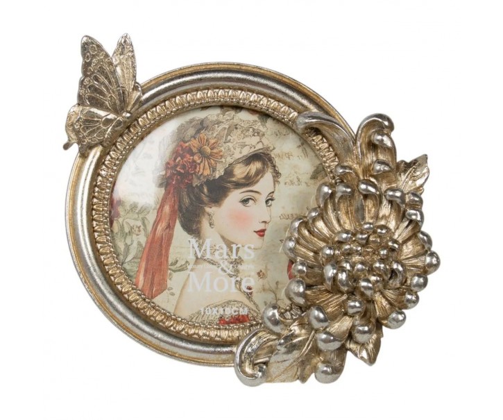 Stříbrný antik kulatý fotorámeček s květy Chateau - 13*4*17 cm / Ø 10 cm Mars & More 