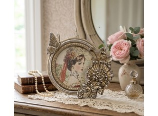 Stříbrný antik kulatý fotorámeček s květy Chateau - 13*4*17 cm / Ø 10 cm