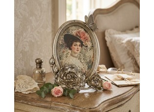 Stříbrný antik fotorámeček s květy a motýlem Chateau - 14*4*20cm / 10*15 cm