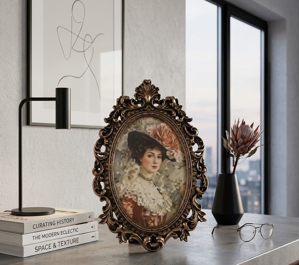 Bronzový antik oválný fotorámeček s ornamenty Chateau - 15*2*22 cm / 10*15 cm