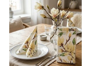 Bílé papírové ubrousky s květy magnolie - 33*40 cm / 20ks /