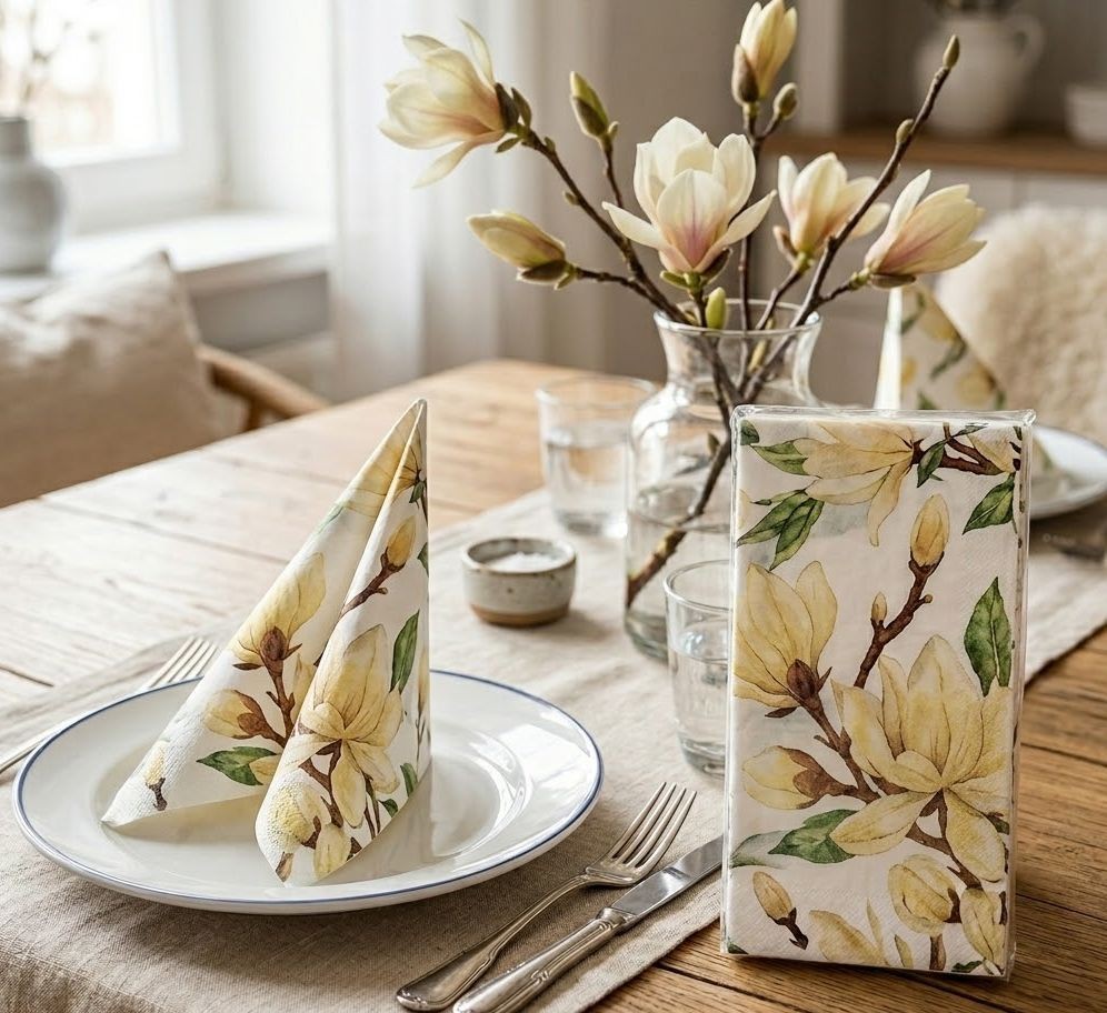 Bílé papírové ubrousky s květy magnolie - 33*40 cm (20 ks)