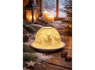 Bílý porcelánový svícen na čajovou svíčku jeleni v lese Paollo - Ø 12 * 8 cm