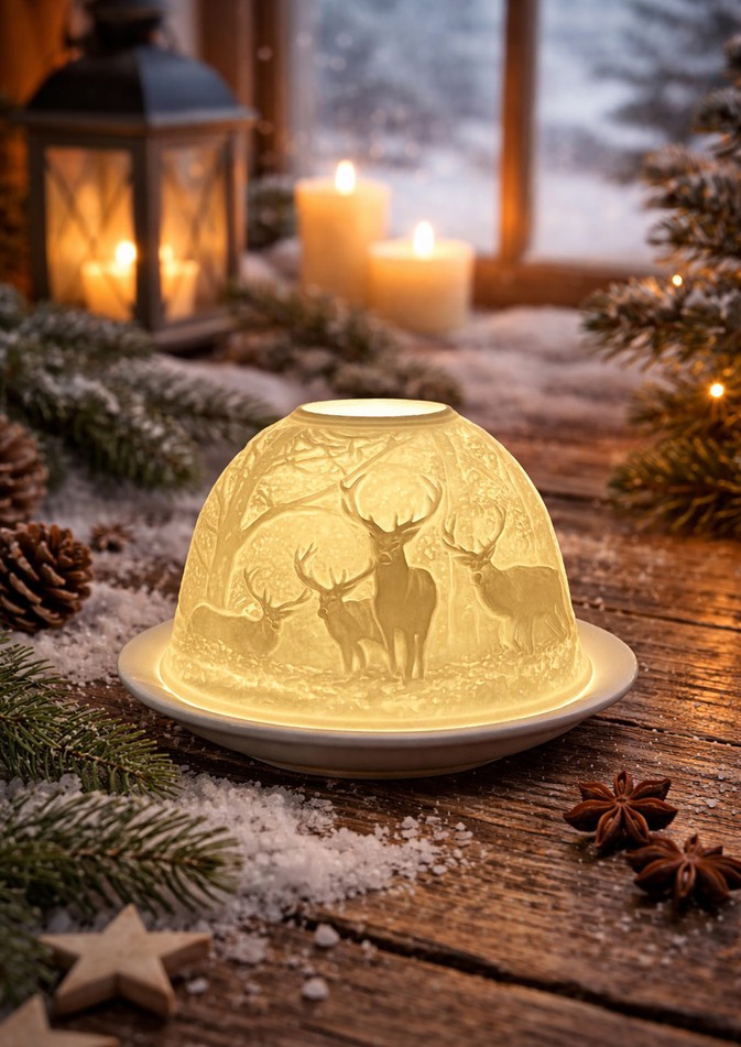Bílý porcelánový svícen na čajovou svíčku jeleni v lese Paollo - Ø 12 * 8 cm