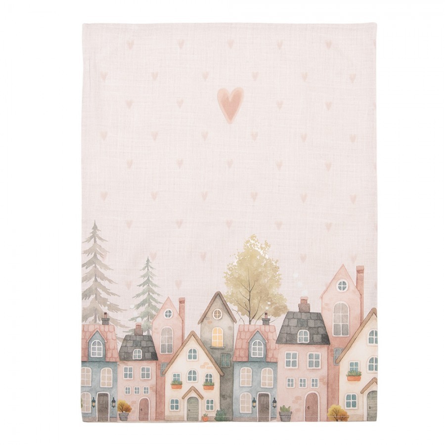 Béžová bavlněná utěrka se srdíčky a domky Hearts & Houses - 50*70 cm