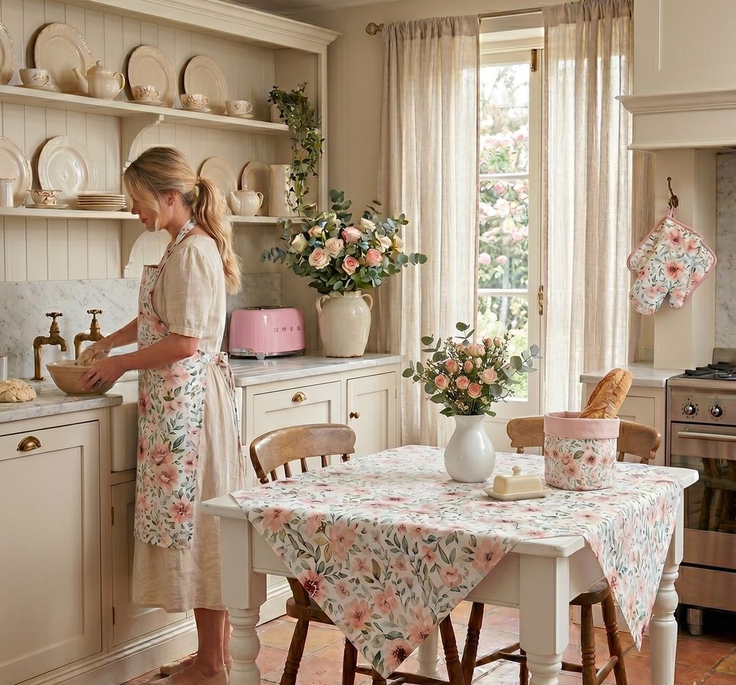 Bílý bavlněný ubrus s růžemi Soft Romantic Blush - 100*100 cm