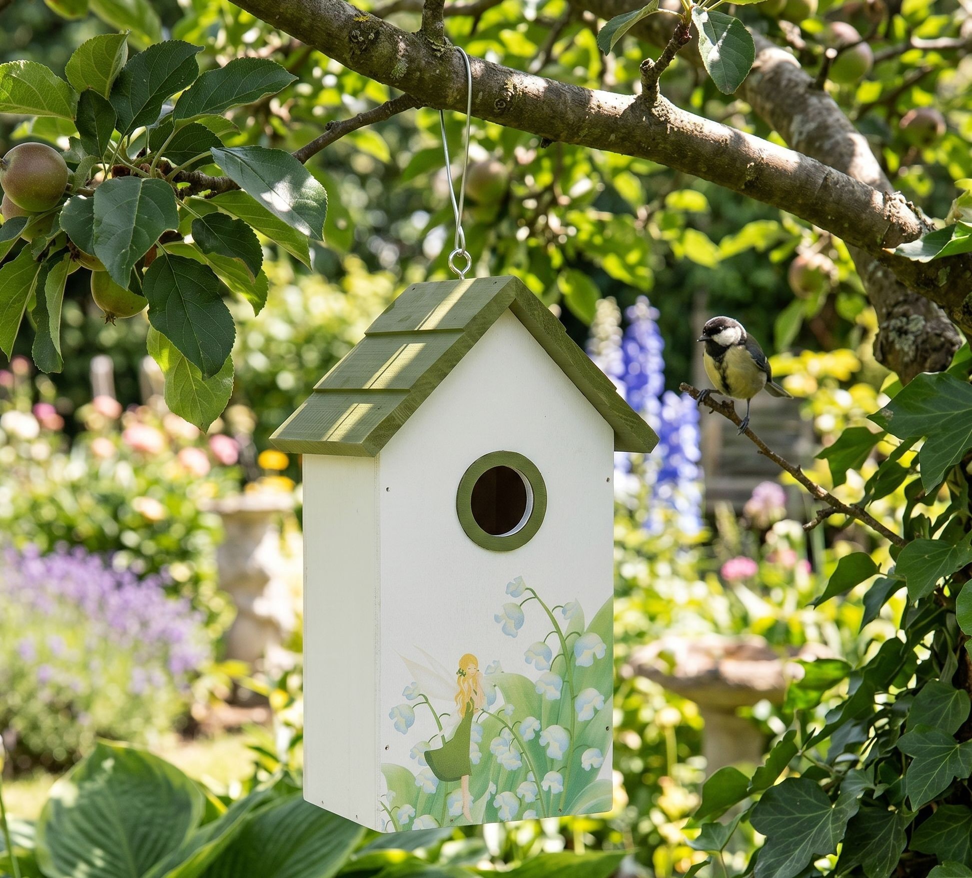 Zeleno-bílá dřevěná ptačí budka s konvalinkami Birdhouse - 15*10*22 cm