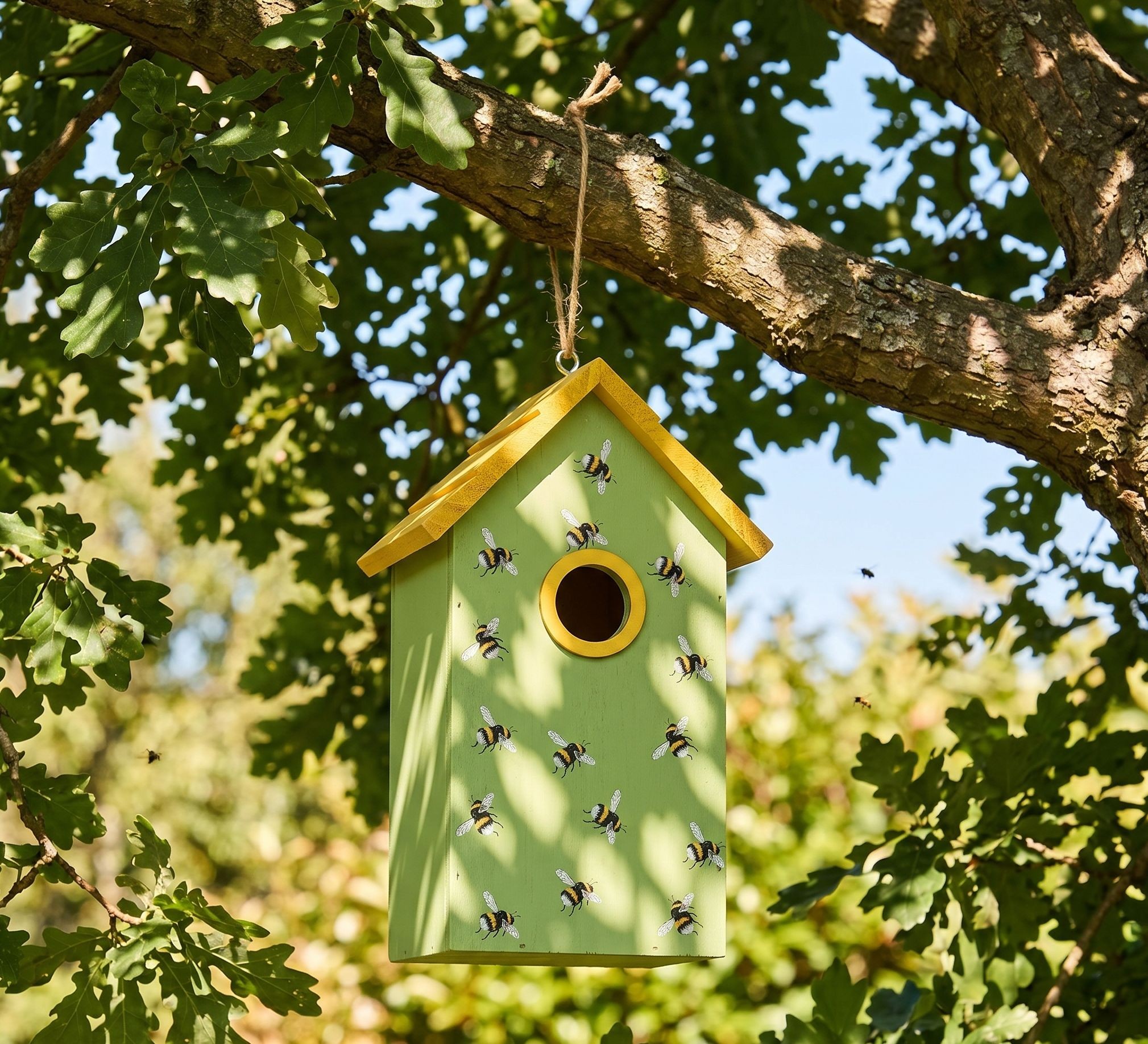 Zeleno-žlutá dřevěná ptačí budka se včelkami Birdhouse - 15*10*22 cm