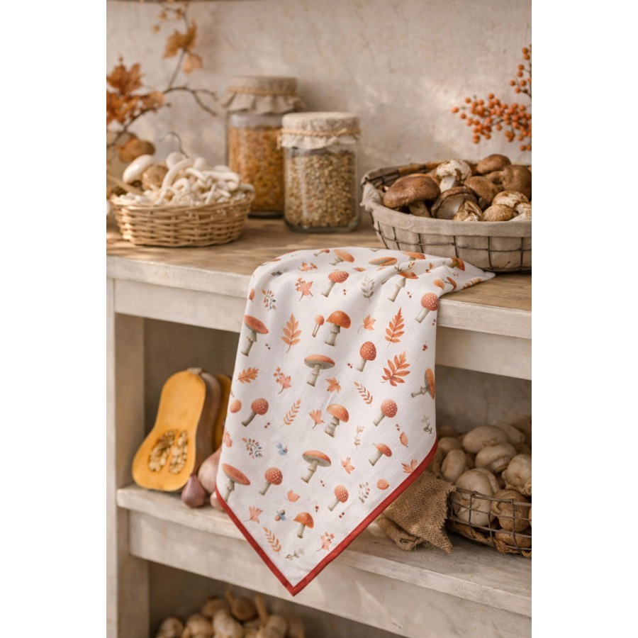 Béžová utěrka s listy a muchomůrkami Autumn Leaves - 50*70 cm