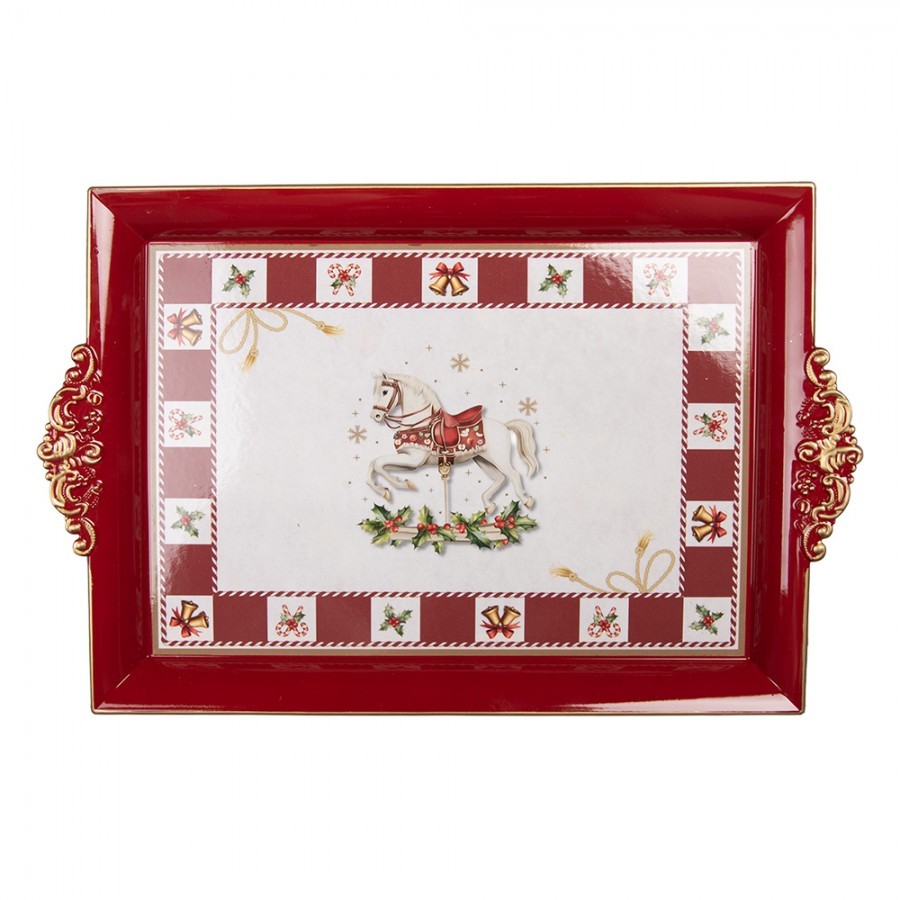 Vánoční servírovací červený podnos vánoční koník - 41*26*3 cm