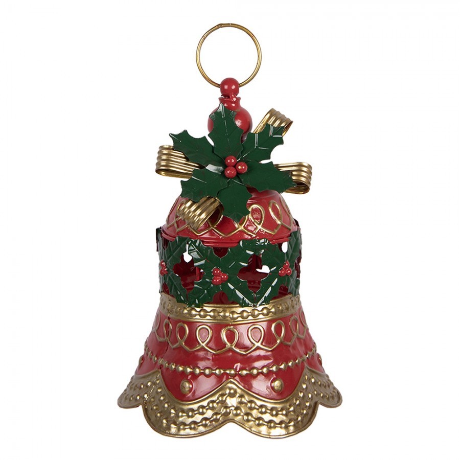 Kouzelný červeno-zelený kovový vánoční zvonek s cesmínou - Ø 21*29 cm
