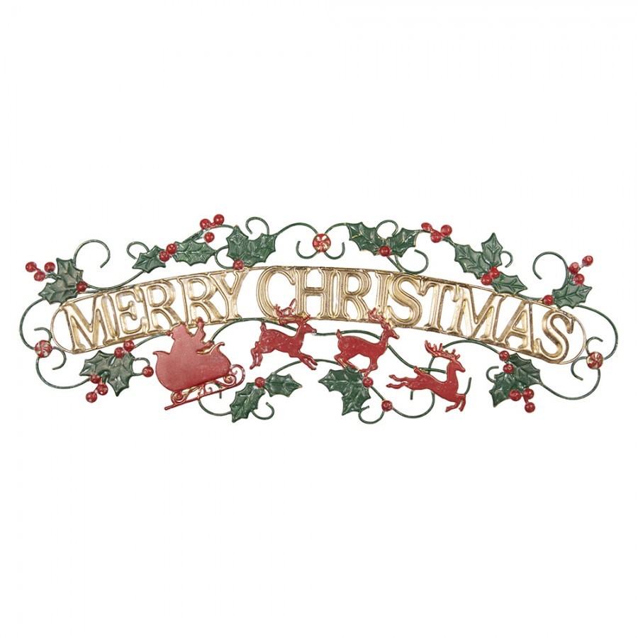 Nástěnná kovová cedule Merry Christmas s cesmínou - 79*1*27 cm