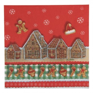 Červené vánoční papírové ubrousky s perníkovými chaloupkami - 33*33 cm (20ks)