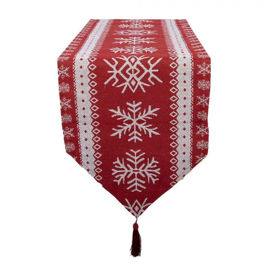 Červený látkový běhoun s vločkami a střapcem - 33*180 cm