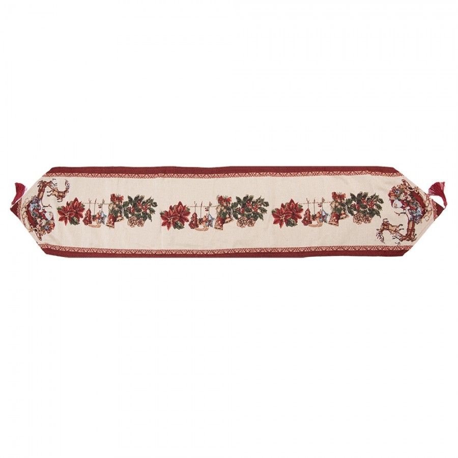 Béžovo-červený látkový běhoun se Santou a střapci - 33*180 cm