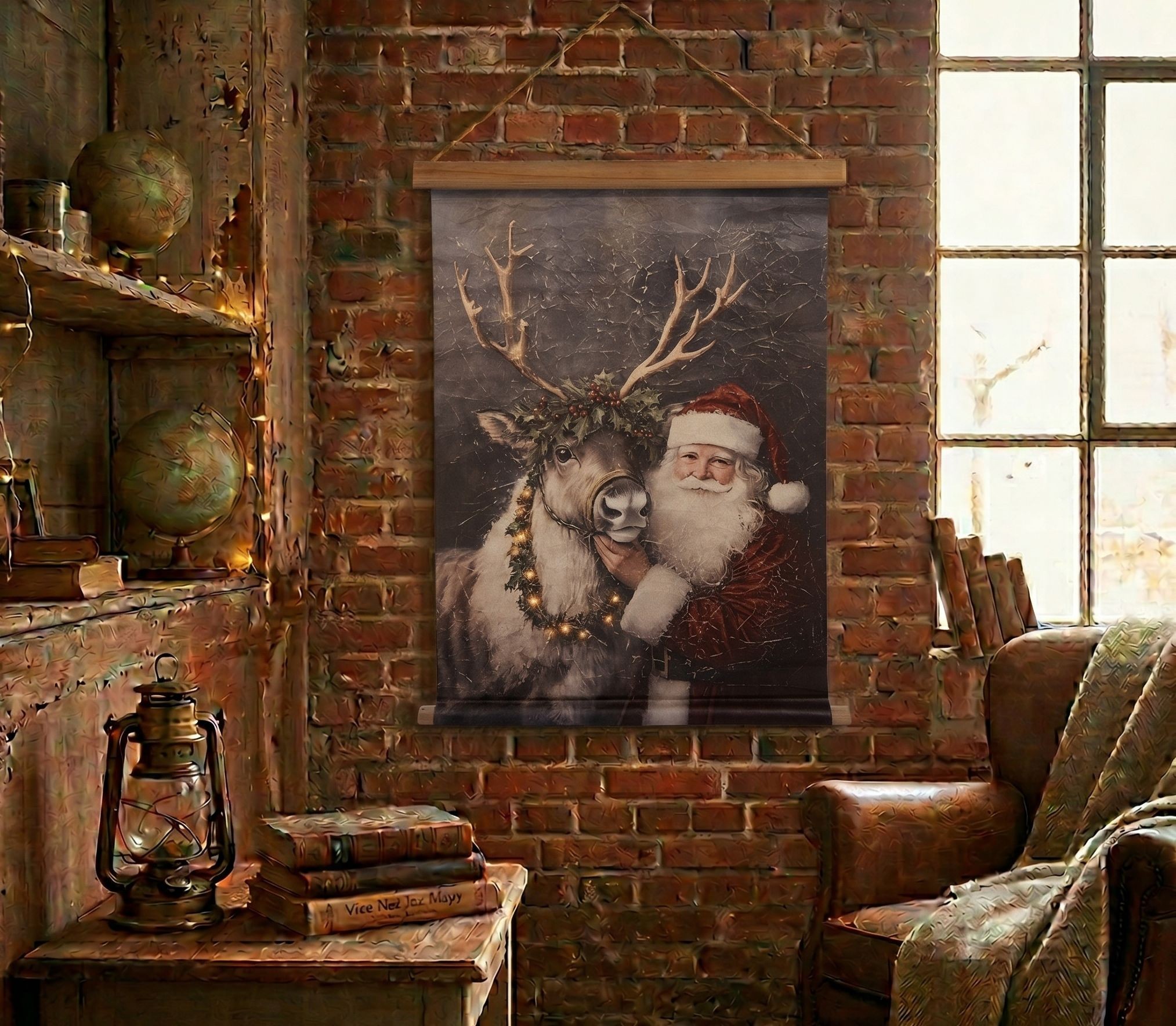 Vánoční vintage nástěnná mapa se Santou a sobem - 55*3*75 cm