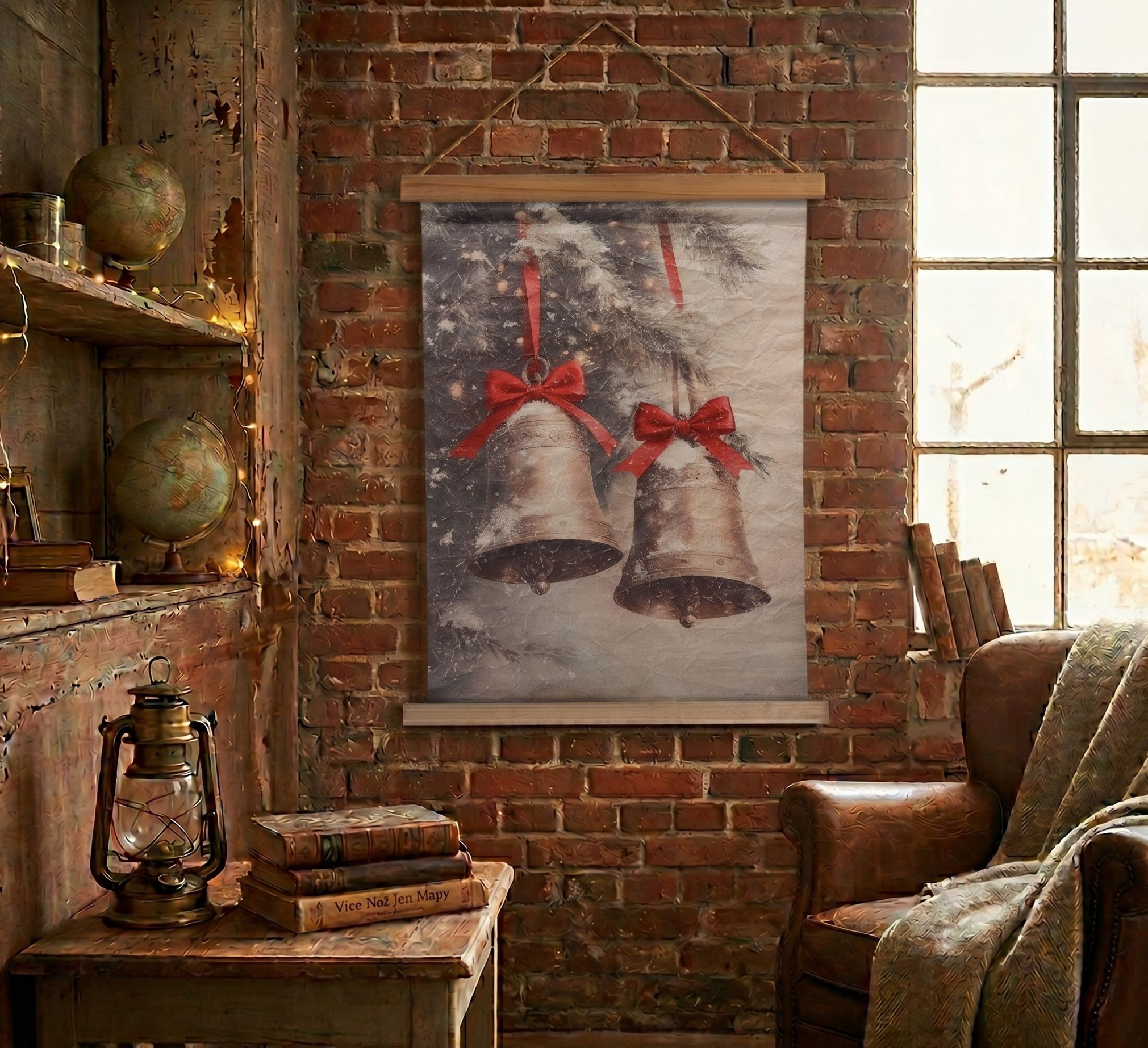 Vánoční vintage nástěnná mapa se zvonky - 55*3*75 cm