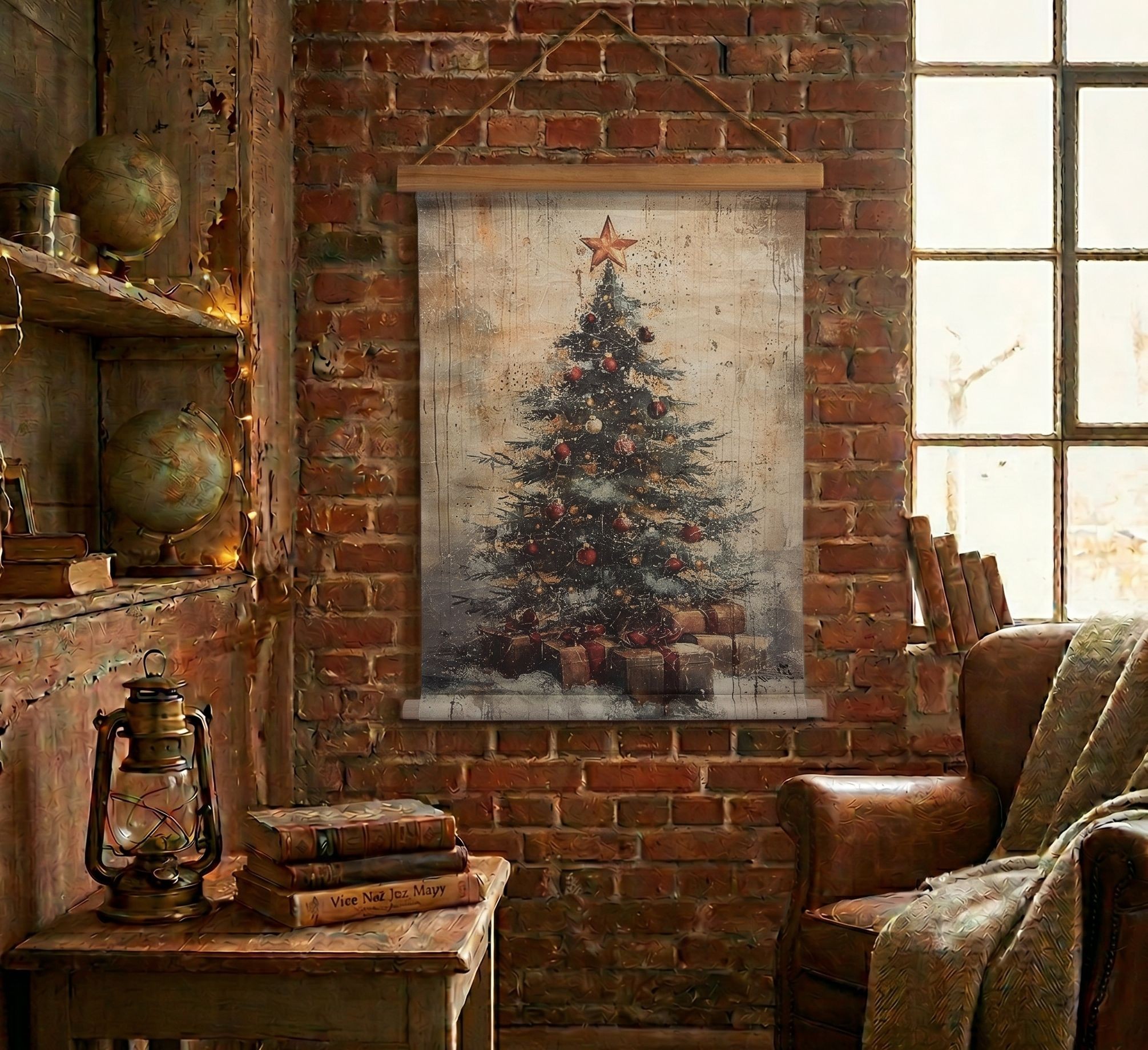 Vánoční vintage nástěnná mapa svánočním stromečkem - 55*3*75 cm