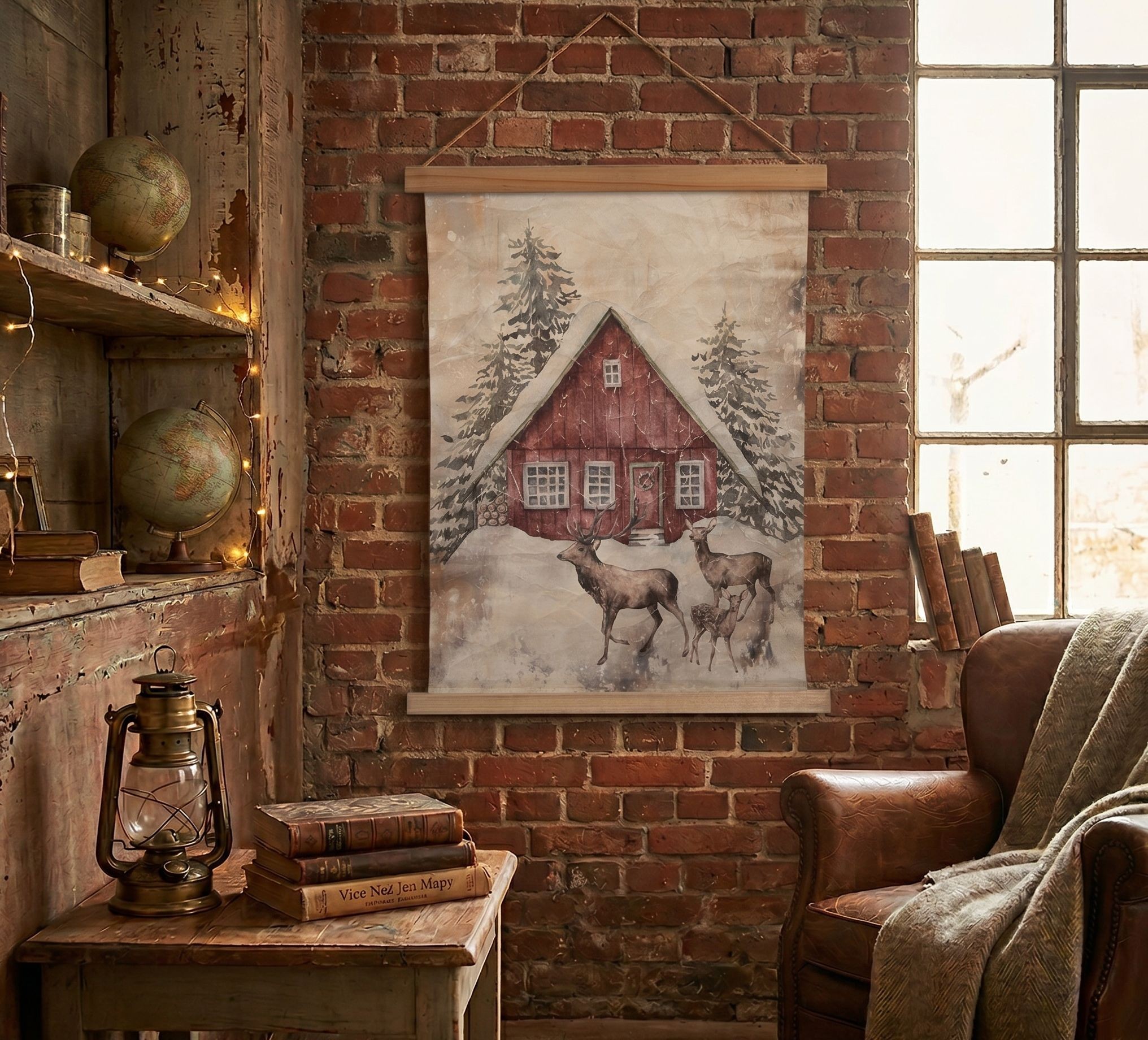 Vánoční vintage nástěnná mapa se zasněženou chaloopkou - 55*3*75 cm