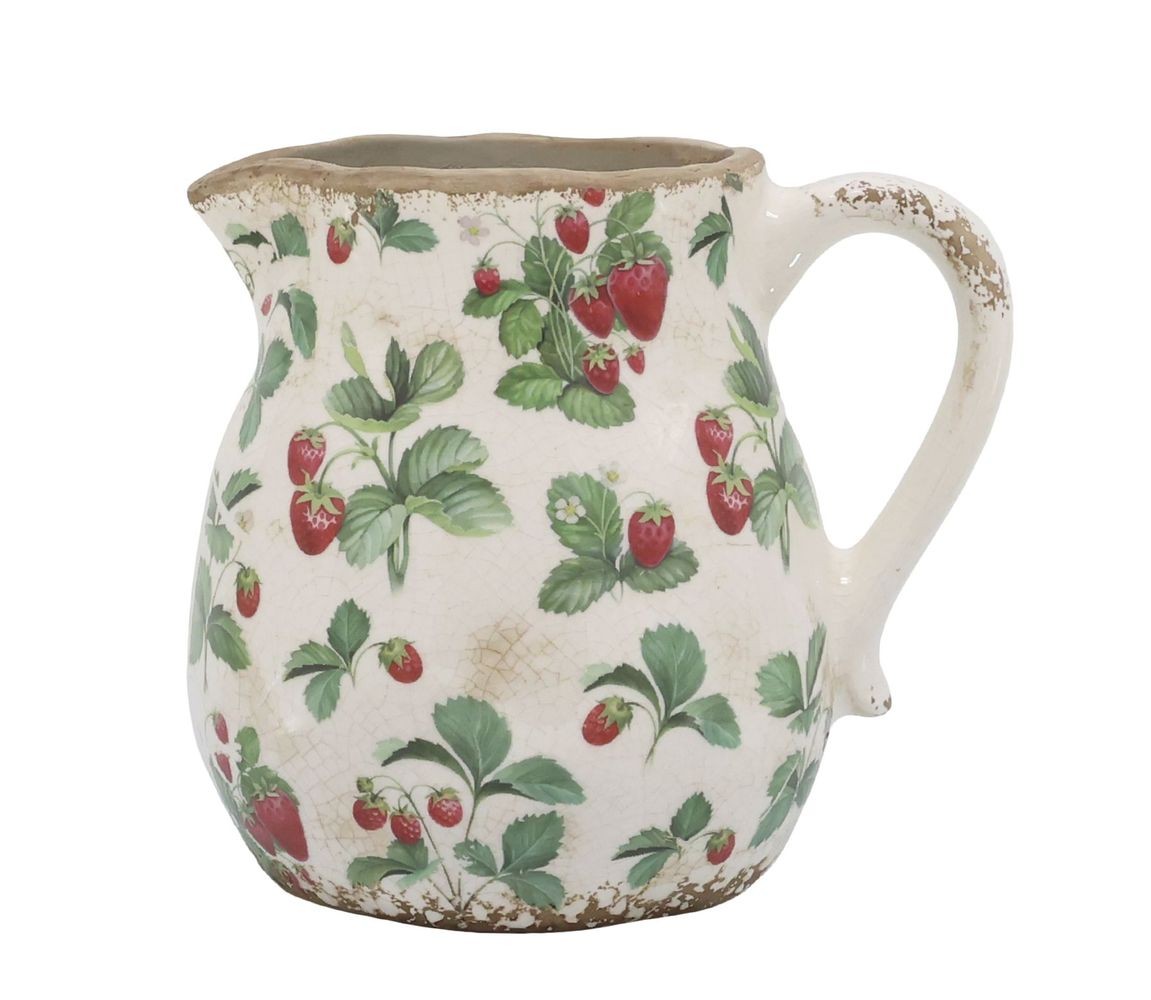 Krémový antik keramický džbán s jahůdkami Fraises - 16*15 cm