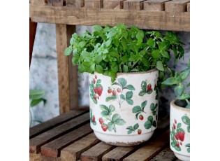 Krémový antik keramický obal na květináč s jahůdkami Fraises - Ø 13*13 cm
