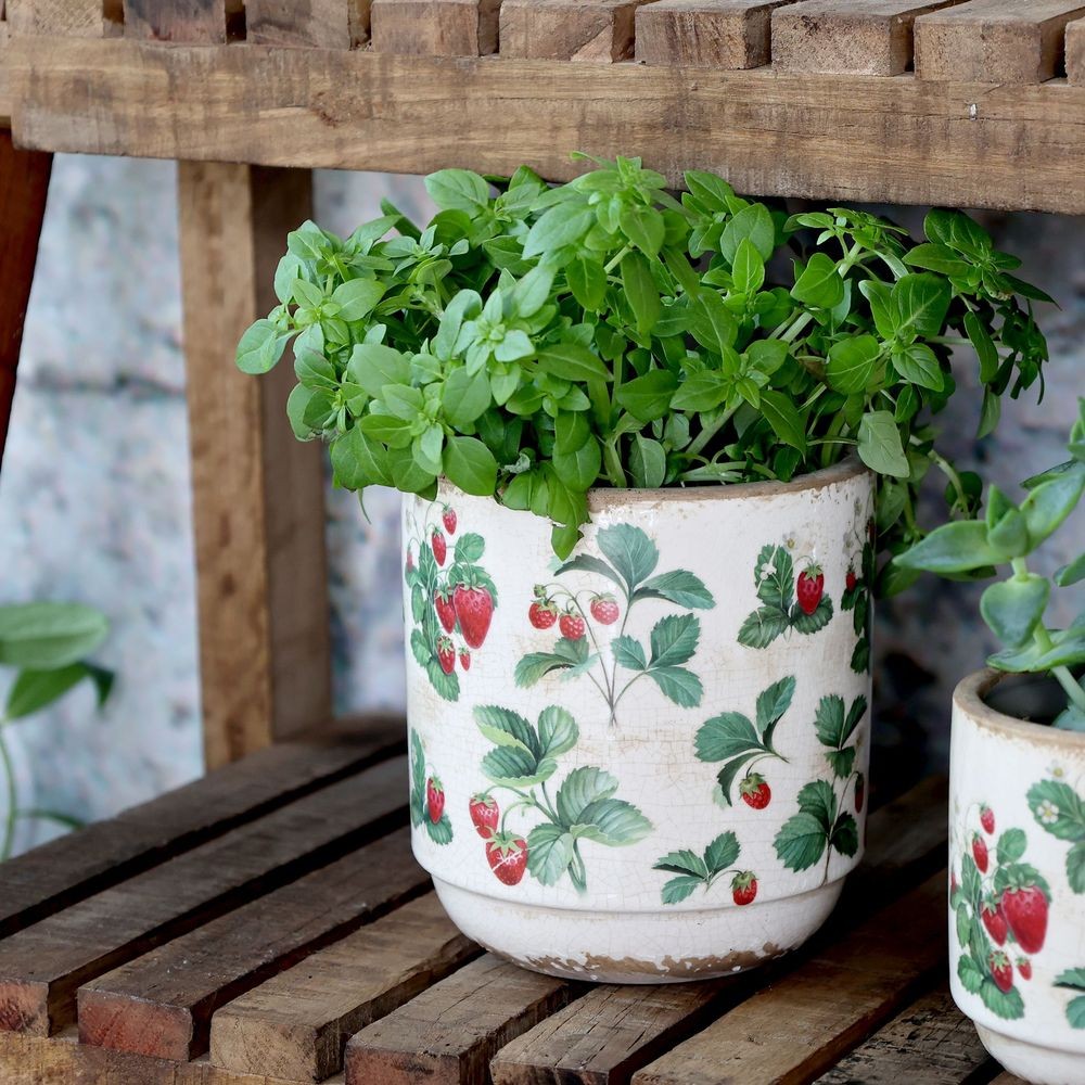 Krémový antik keramický obal na květináč s jahůdkami Fraises - Ø 13*13 cm