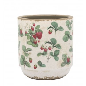 Krémový antik keramický obal na květináč s jahůdkami Fraises - Ø 13*13 cm